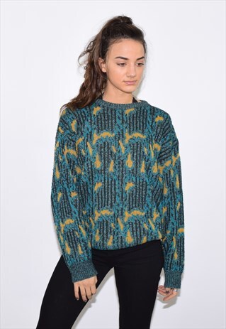 VINTAGE 90S BLUE YELLOW PATTERNED KNIT JUMPER