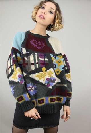 VINTAGE 80S 90S OVERSIZED PATTERNED KNIT JUMPER WOOL