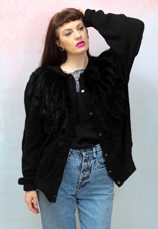 1980S VINTAGE BLACK KNITWEAR CARDIGAN WITH FAUX FUR DETAIL