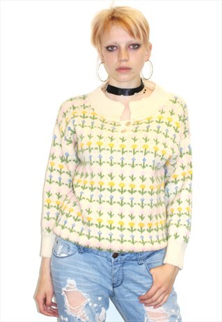 VINTAGE 80S KNITWEAR CREAM FLORAL TOP BOHO JUMPER FESTIVAL