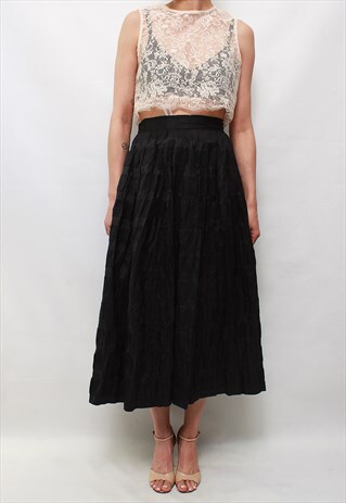 VINTAGE 80' UNIQUE ELEGANT BLACK SILK MIDI SKIRT