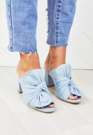 ROSANNA BABY BLUE SUEDE BOW BLOCK HEEL MULES