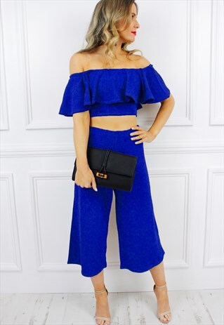 BLUE BARDOT FRILL RUFFLE CROP TOP CULOTTES PALAZZO SET