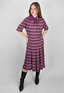 70's Vintage Devernois Of Paris Stripe Purple Pleated Dress