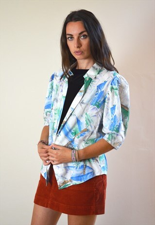 80S VINTAGE ABSTRACT PUFF SLEEVE TROPICAL PRINT SHIRT