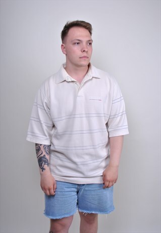 90S BEIGE MINIMALIST STRIPED POLO SHIRT, SIZE XL