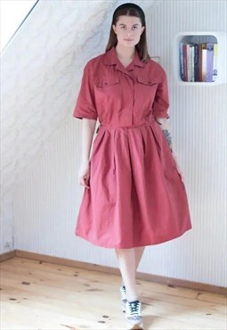 Brick red short sleeve shirt style midi dress