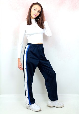 1990S VINTAGE NAVY BLUE AND WHITE POPPER JOGGER BOTTOMS