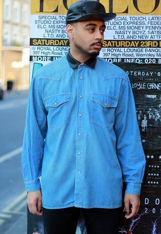 VINTAGE STRUGGLE'S DENIM SHIRT WITH FAUX LEATHER COLLAR