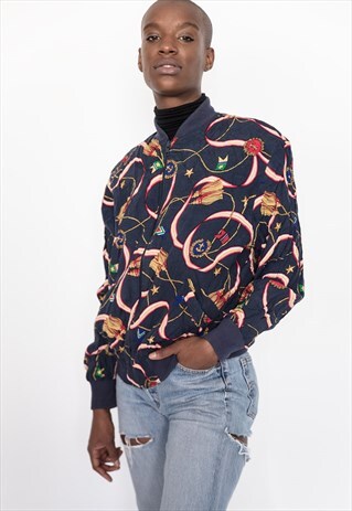 80S VINTAGE NAVY BLUE FLAGS PRINT BOMBER JACKET