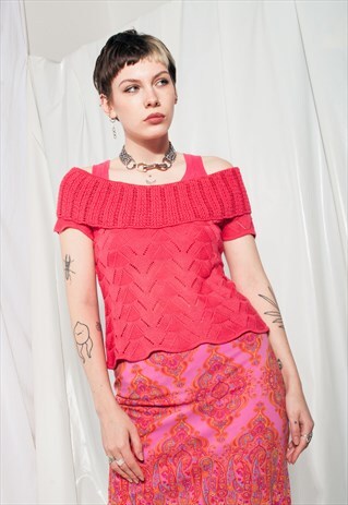 VINTAGE OFF SHOULDER TOP 90S KNITTED TEE IN PINK