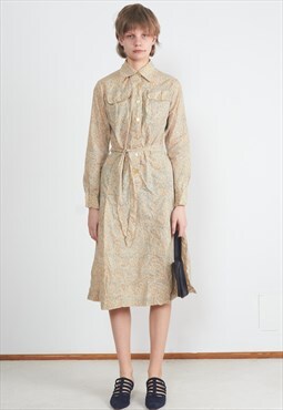 Vintage Beige Long Sleeves Midi Dress
