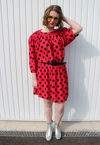 VINTAGE 80S RED BLACK POLKA DOT SPOTTED SKATER BELTED DRESS