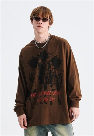 PUNK CARTOON T-SHIRT LONG SLEEVE TEE GRUNGE MOHAWK TOP BROWN