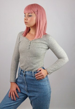 VINTAGE 90'S WOOL KNIT TOP / JUMPER LIGHT GREY