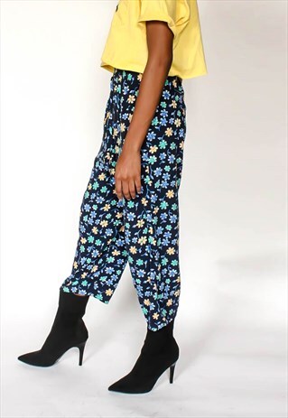 VINTAGE FLORAL CROPPED BLUE AND YELLOW TROUSERS 90S