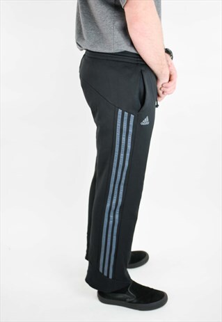VINTAGE 90S ADIDAS TRACK PANTS, BLACK WITH 3 STRIPES IN BLUE