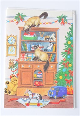 Vintage Colourful Siamese Cat Christmas New Year Card