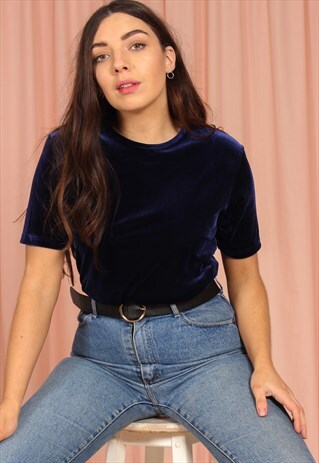 VINTAGE 90S VELVET T-SHIRT IN BLUE