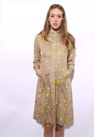 VINTAGE 1980'S 80'S ABSTRACT PRINT DRESS TAN BUBBLES L-XL