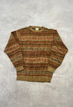 L.L.Bean Knitted Jumper Abstract Patterned Grandad Sweater