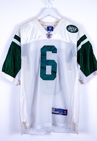 VINTAGE NFL FOOTBALL TOP WHITE AND GREEN WITH SPELL OUT