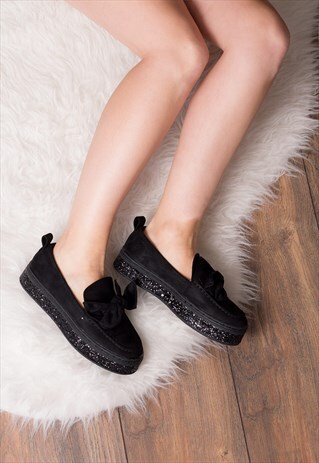 KAI PLATFORM FLAT LOAFER SHOES - BLACK SUEDE STYLE