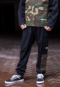 Black Patchwork canvas cargo Trousers pants Chinos