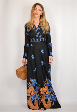 VINTAGE 70S BLACK FLORAL PRINT HIPPY FESTIVAL MAXI DRESS