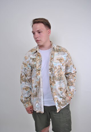 90S FLORAL PATTERN LONG SLEEVE HAWAII SHIRT, SIZE M