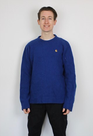 VINTAGE CARHARTT WOOL SWEATSHIRT IN BLUE WITH EMBROIDERY