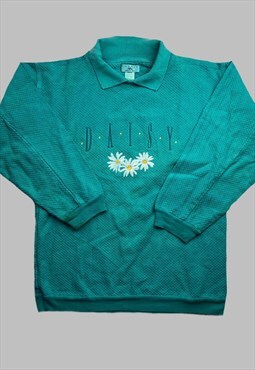 Vintage 90s collared jumper with flower daisy embroidered