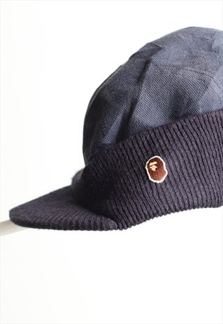 Vintage BAPE Ear Flap Insulated Hat Cap Navy Ape Logo