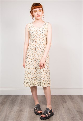 VINTAGE 90'S CREAM FLORAL PATTERN SUMMER MIDI DRESS