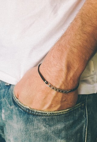 BRACELET FOR MEN, SILVER FLAT LINK CHAIN WITH A BLACK CORD