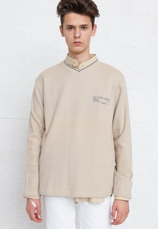 VINTAGE BEIGE LEE V-NECK KNIT JUMPER SWEATER