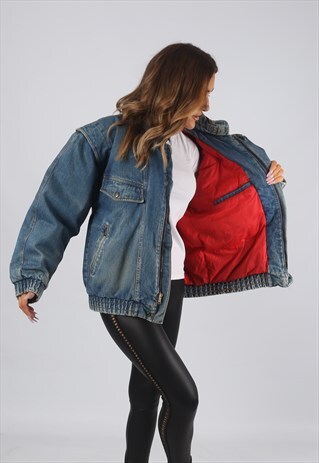 VINTAGE DENIM BOMBER JACKET OVERSIZED FITTED UK 14 (JR2N)