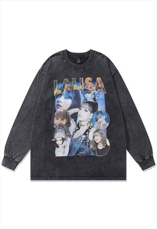 LALISA T-SHIRT VINTAGE WASH TOP RAPPER PRINT LONG TEE GREY