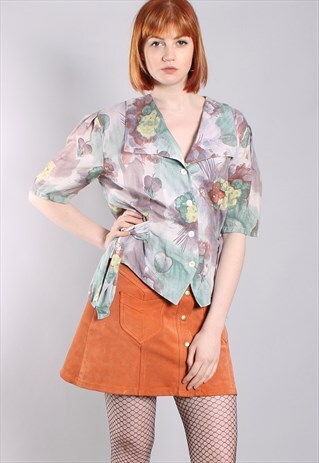 VINTAGE 80S FLORAL PATTERNED BUTTON TIE UP BLOUSE