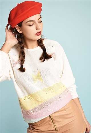 VINTAGE 90'S RETRO FESTIVAL PASTEL RIBBON KNIT JUMPER