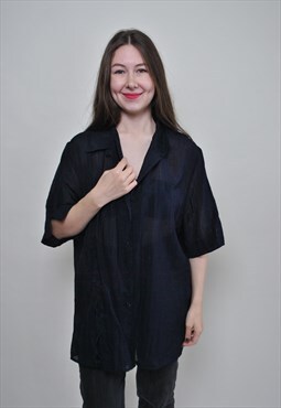 Vintage black blouse, oversized casual button down shirt 
