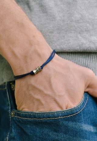 BLUE BRACELET, MEN'S BRACELET WITH SILVER TUBE BEAD CHARM