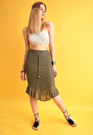 90'S RETRO MOD JAZZY STRIPED PATTERN SHIMMER MIDI SKIRT