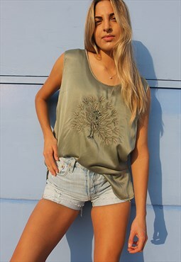 Sage Green Sleeveless Vest Top with Embroidered Peacock