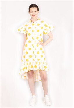 Polka Dot print dip hem dress with frill sleeves design 
