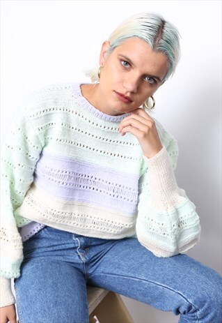 VINTAGE 80S PASTEL STRIPED HAND KNIT JUMPER