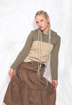 Vintage 90s Hooded Knit Jumper in Beige Wool