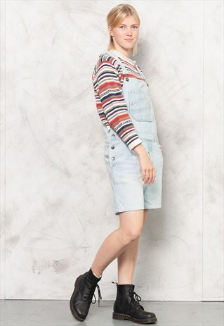 VINTAGE 90S LIGHT WASH DENIM OVERALL SHORTS