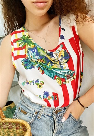 VINTAGE 80S FLORIDA MIAMI TRAVEL PRINT BOHEME BLOUSE TOP