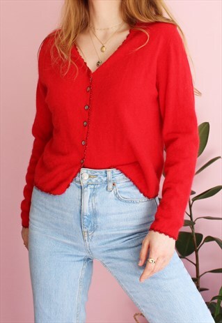 RED FUZZY WOOL BLEND CARDIGAN